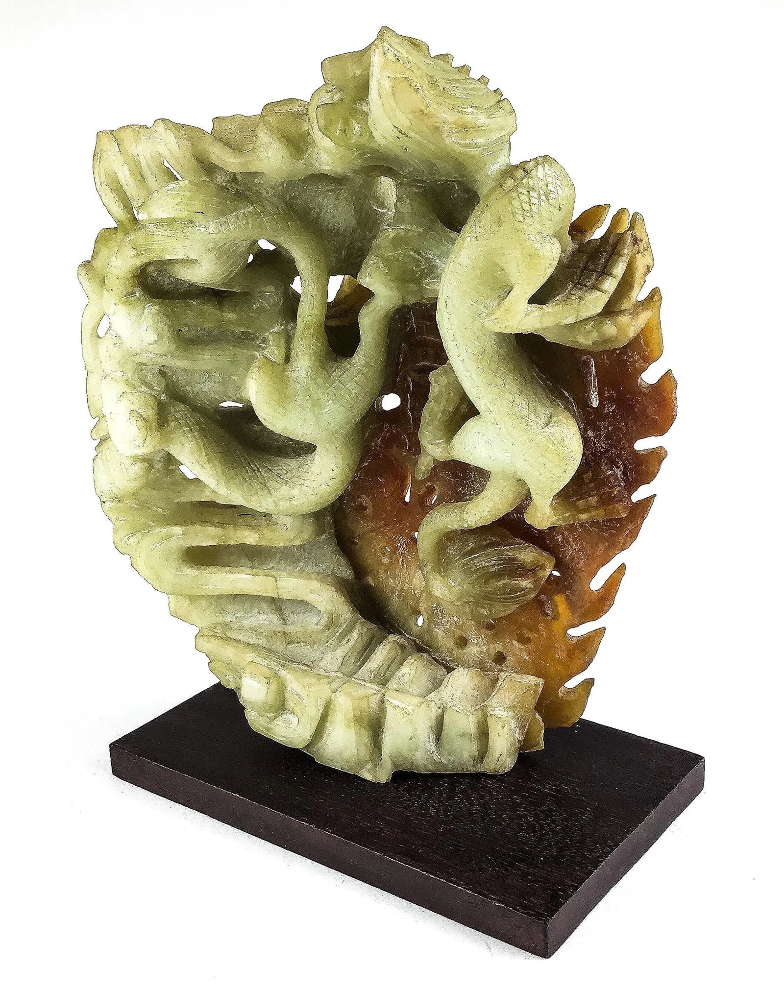 Chinese Celadon & Russet Jade Boulder Carved With 2 Dragons - 7