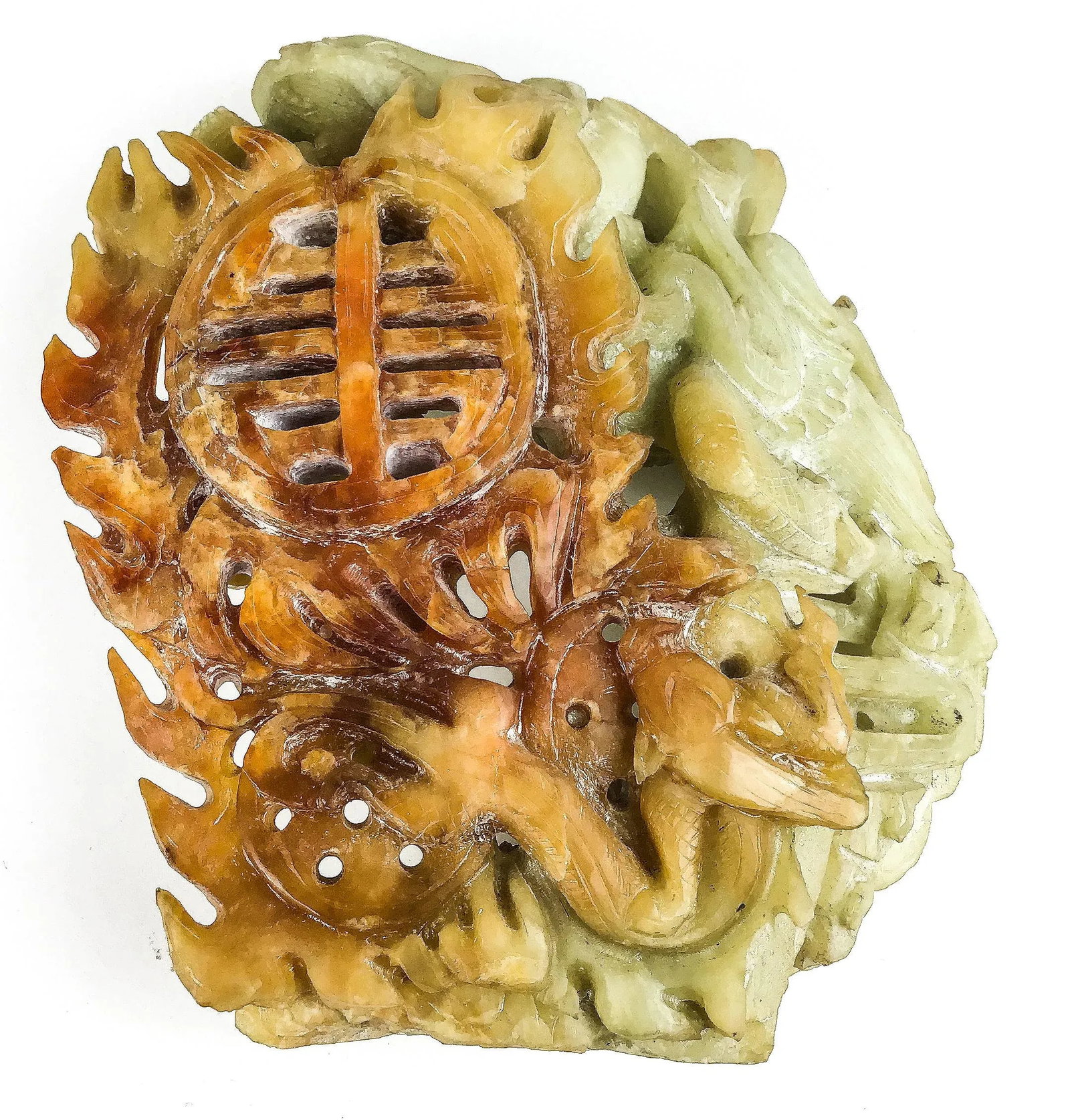 Chinese Celadon & Russet Jade Boulder Carved With 2 Dragons - 9