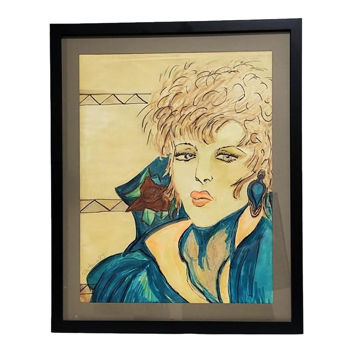 Original Watercolor Exotic Pop Star Woman - Artist Signed "Patricia" - Manner of Patrick Nagel: Original watercolor portrait of an exotic and very cool (pop star) woman, signed Patricia. Her technique is reminiscent of Patrick Nagel's style. It is professionally framed in a black metal frame,
