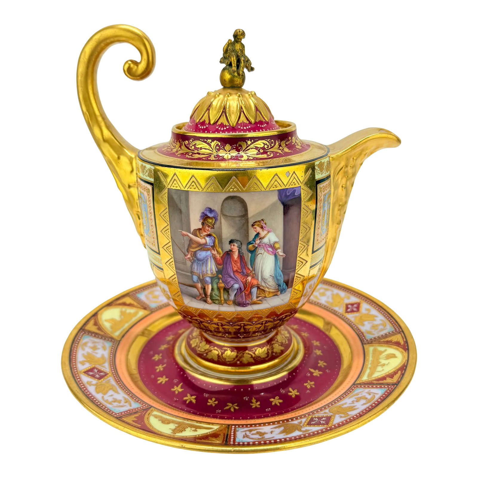 Royal Vienna Porcelain Covered Pitcher & Underplate Hector and Paris, Circa 1830: A superb and richly decorated early 19th-century Royal Vienna porcelain covered pitcher and matching underplate, finely executed in the neoclassical taste with lavish gilding and polychrome enamel