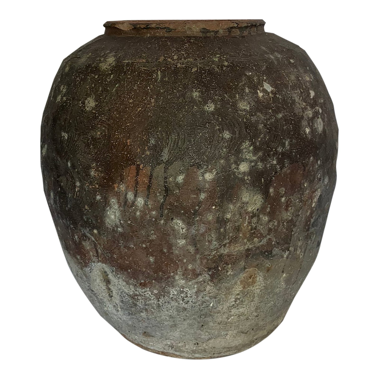 Ming Dynasty 16th Century Black Egg Export Vessel: Thick-walled, with a textured finish outside and around the rim. Vessels such as this were used during the Ming Dynasty to export various foodstuffs, in this case black eggs. Bottom diameter 12"