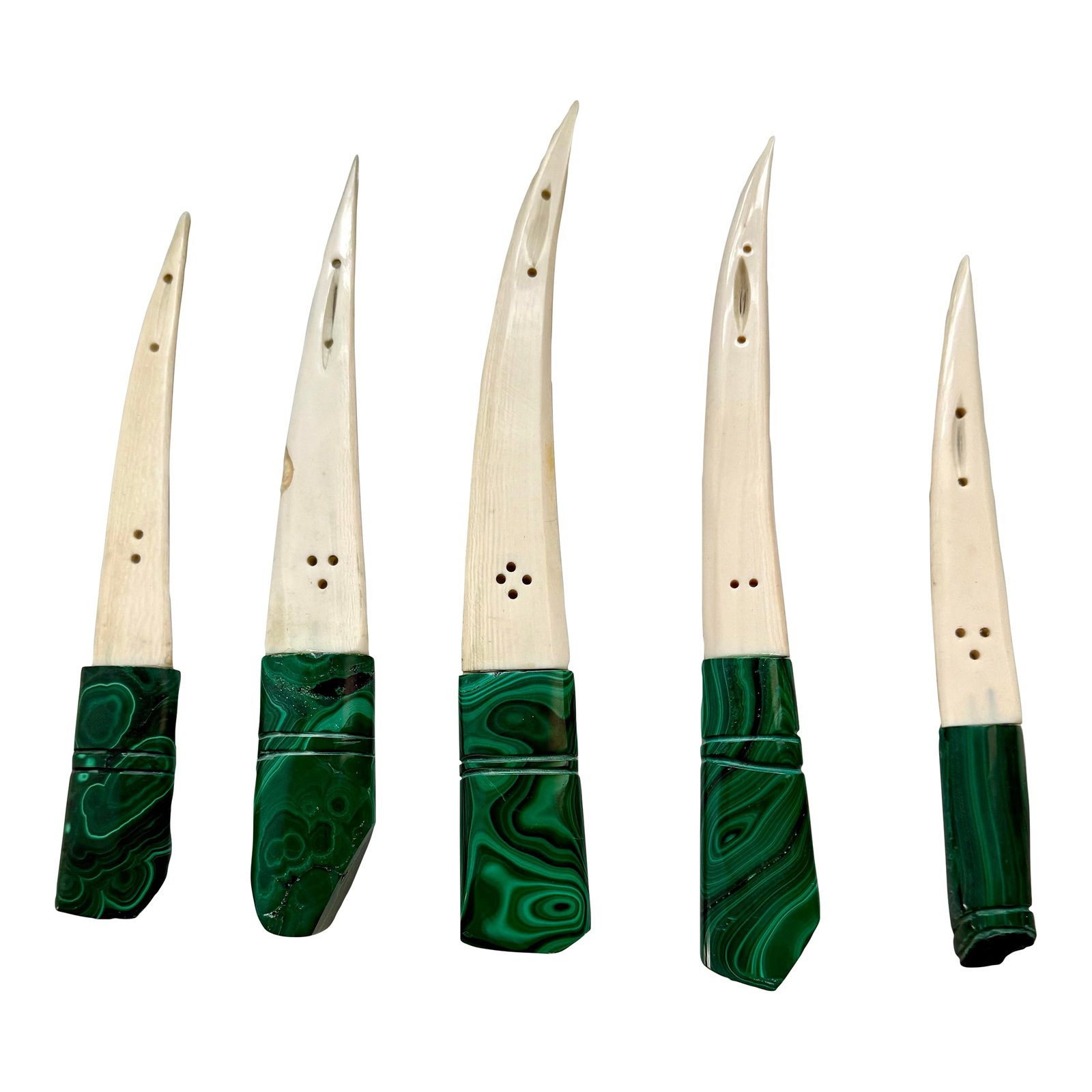 Malachite and Bone Letter Openers - Set of 5: Gorgeous green malachite handles with ivory bone carved blades. Each of the handles is shaped differently. These items are from a prominent/ famous estate in Florida. Details provided with purchase. C