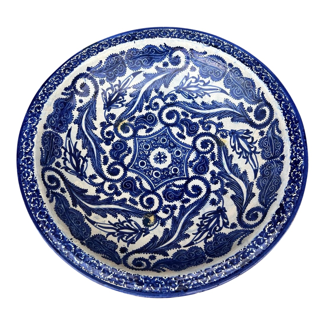 Antique Fes, Morocco Blue Decorated Pottery Large Charger, Circa 1920s: A Very Fine Antique Fes, Morocco Blue Decorated Large Size Charger, Circa 1920's Made in Morocco. Most Likely from the city of Fes. Marked in Arabic on the back Wonderful hand painted decoration.