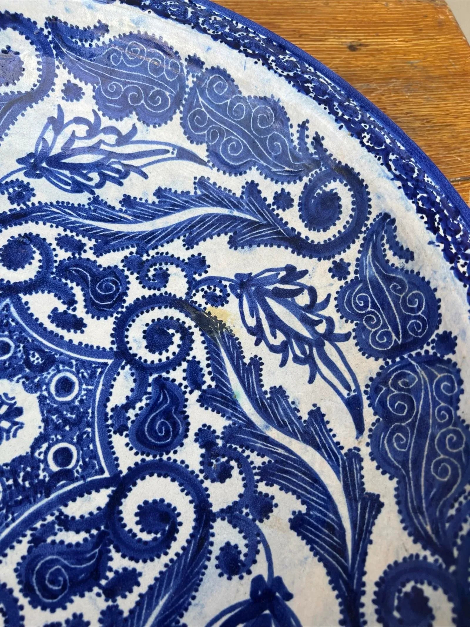 Antique Fes, Morocco Blue Decorated Pottery Large Charger, Circa 1920s - 3