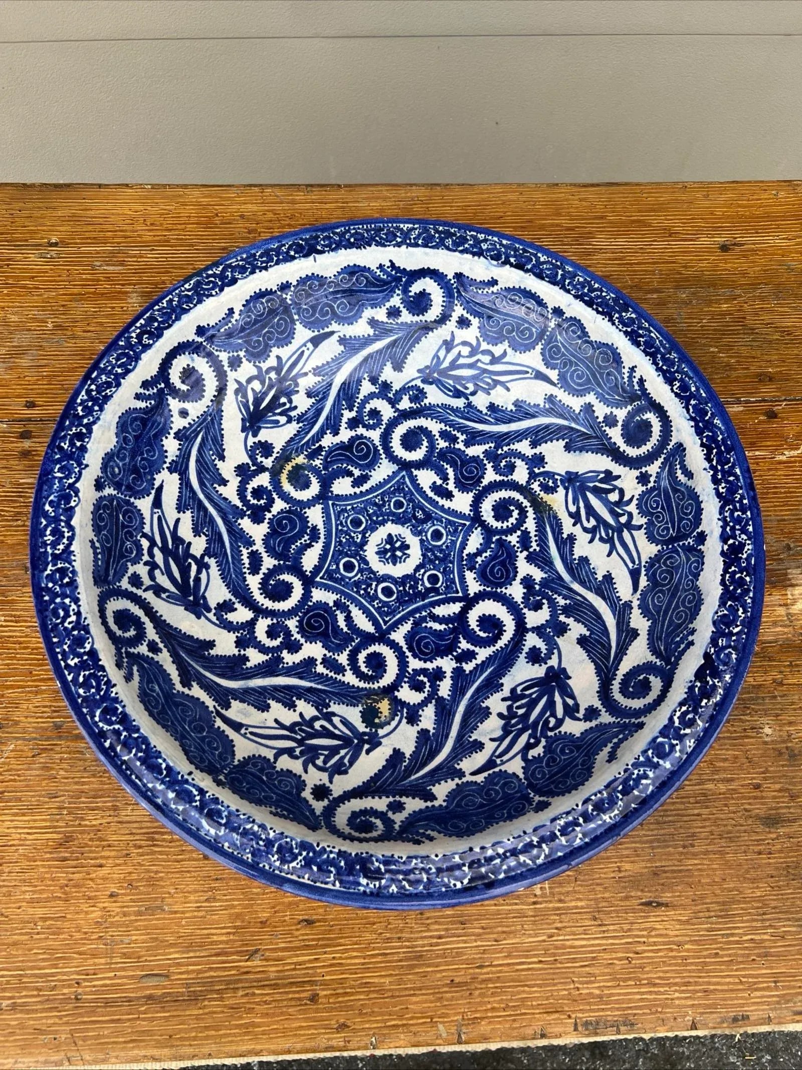 Antique Fes, Morocco Blue Decorated Pottery Large Charger, Circa 1920s - 8