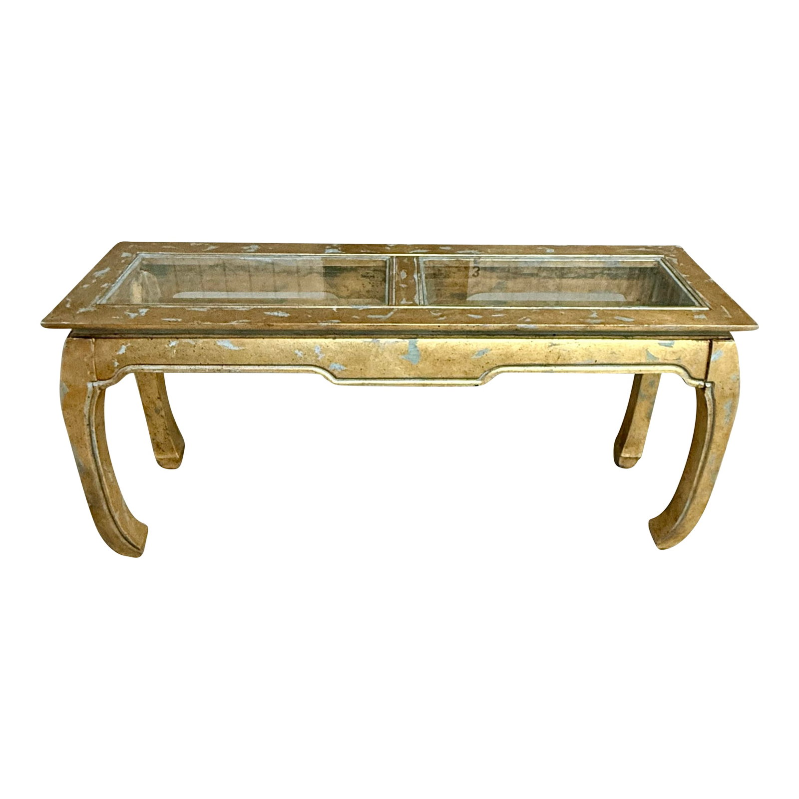 Vintage Palm Beach Chinoiserie Light Blue Parcel Gilt Ming Style Console Table -Newly Painted: Newly painted and reimagined in the Turtle and Crane atelier, this bespoke console is a tribute to the timeless glamour of Hollywood Regency design. We have transformed a vintage Chelsea House-style s