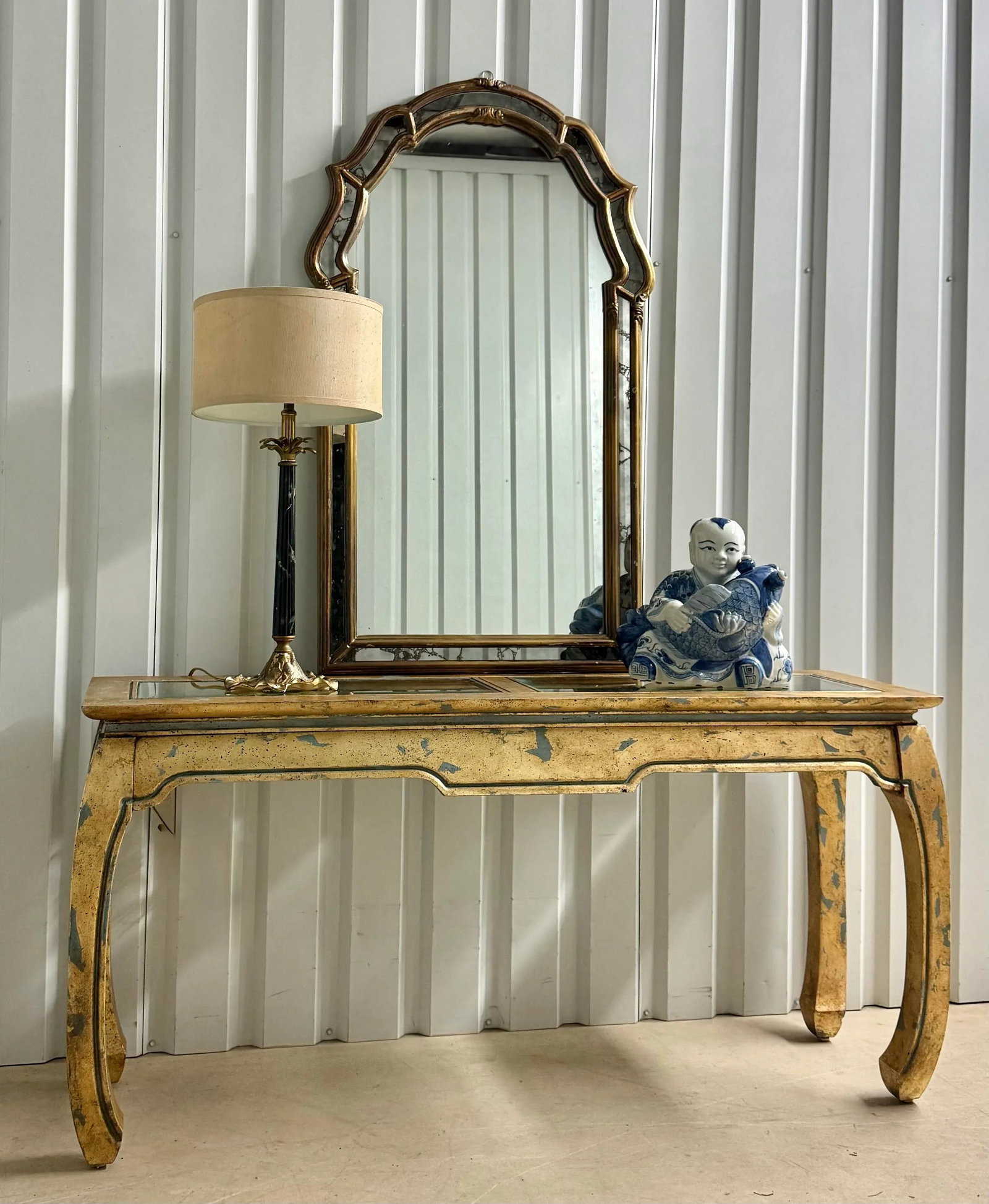Vintage Palm Beach Chinoiserie Light Blue Parcel Gilt Ming Style Console Table -Newly Painted - 2
