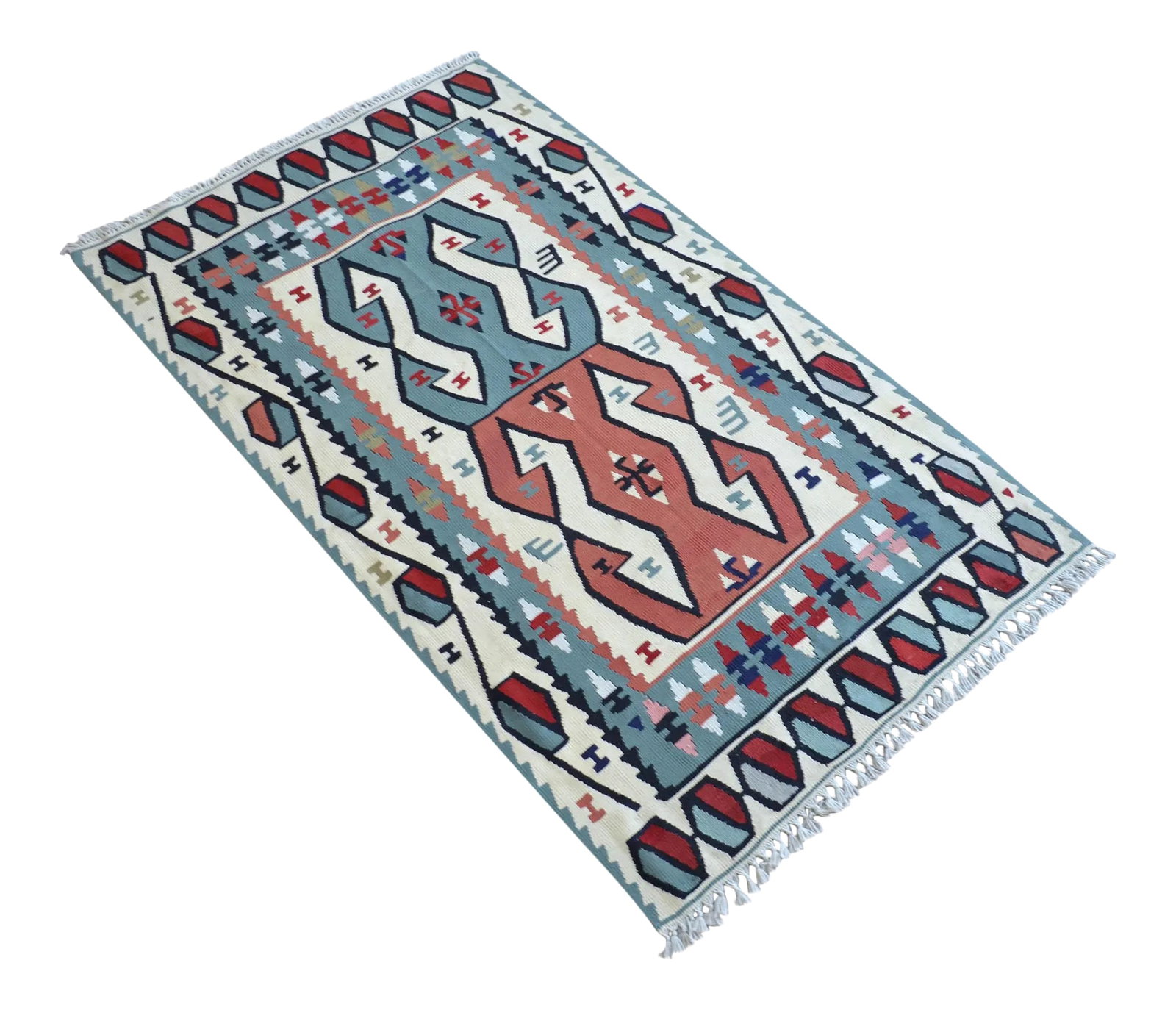 Hand Woven Area Rug Flat Weave Turkish Kilim Wool Rug - 3"²7"³ × 6"²2"³: Dimensions: 42.5" x 73.6" / 3 ft 7 in x 6 ft 2 in Material : Wool on wool Condition: Used in very good condition. Newly washed. ready to use Origin: Oushak Weight: ~ 3.5 lbs All images are of the