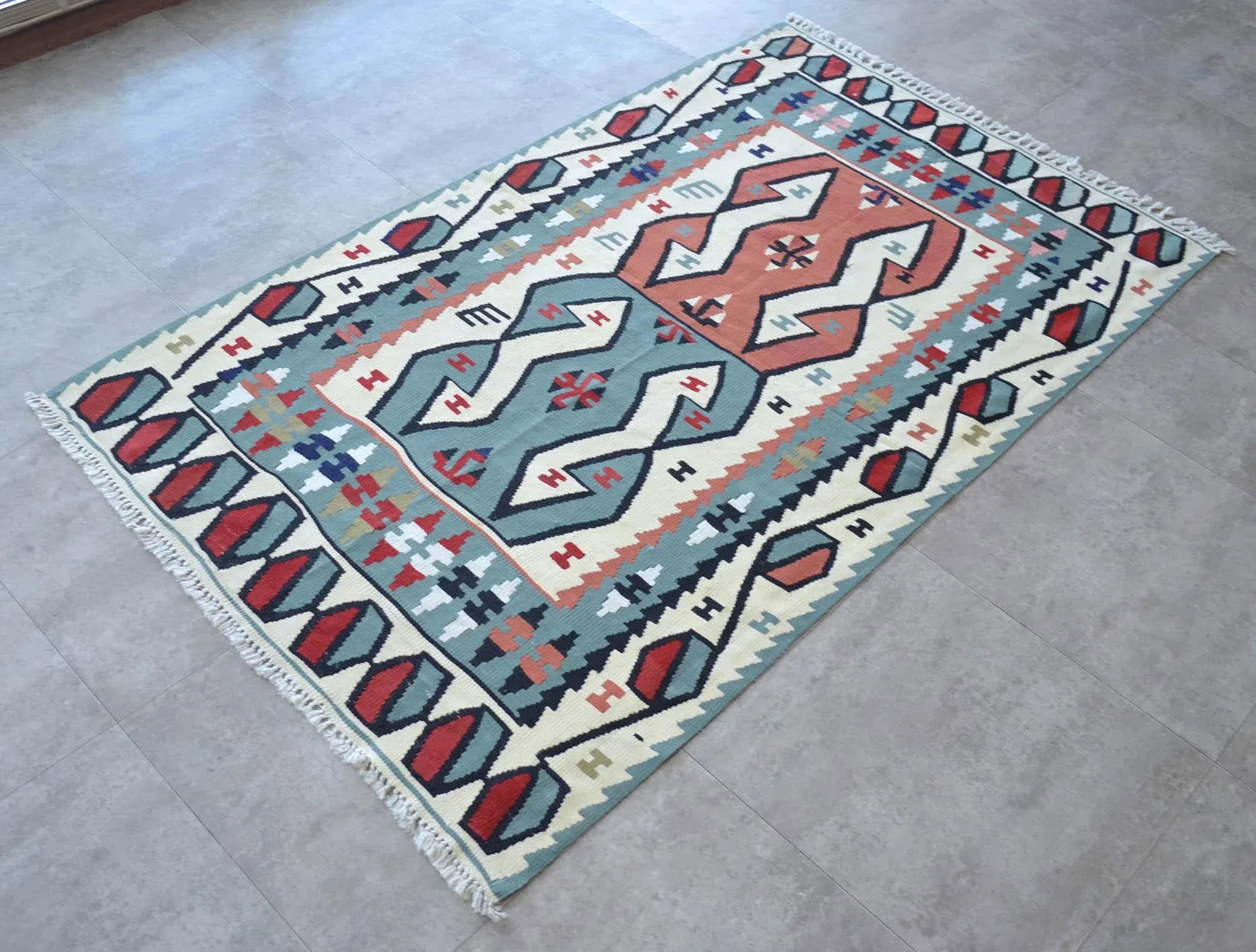 Hand Woven Area Rug Flat Weave Turkish Kilim Wool Rug - 3"²7"³ × 6"²2"³ - 4