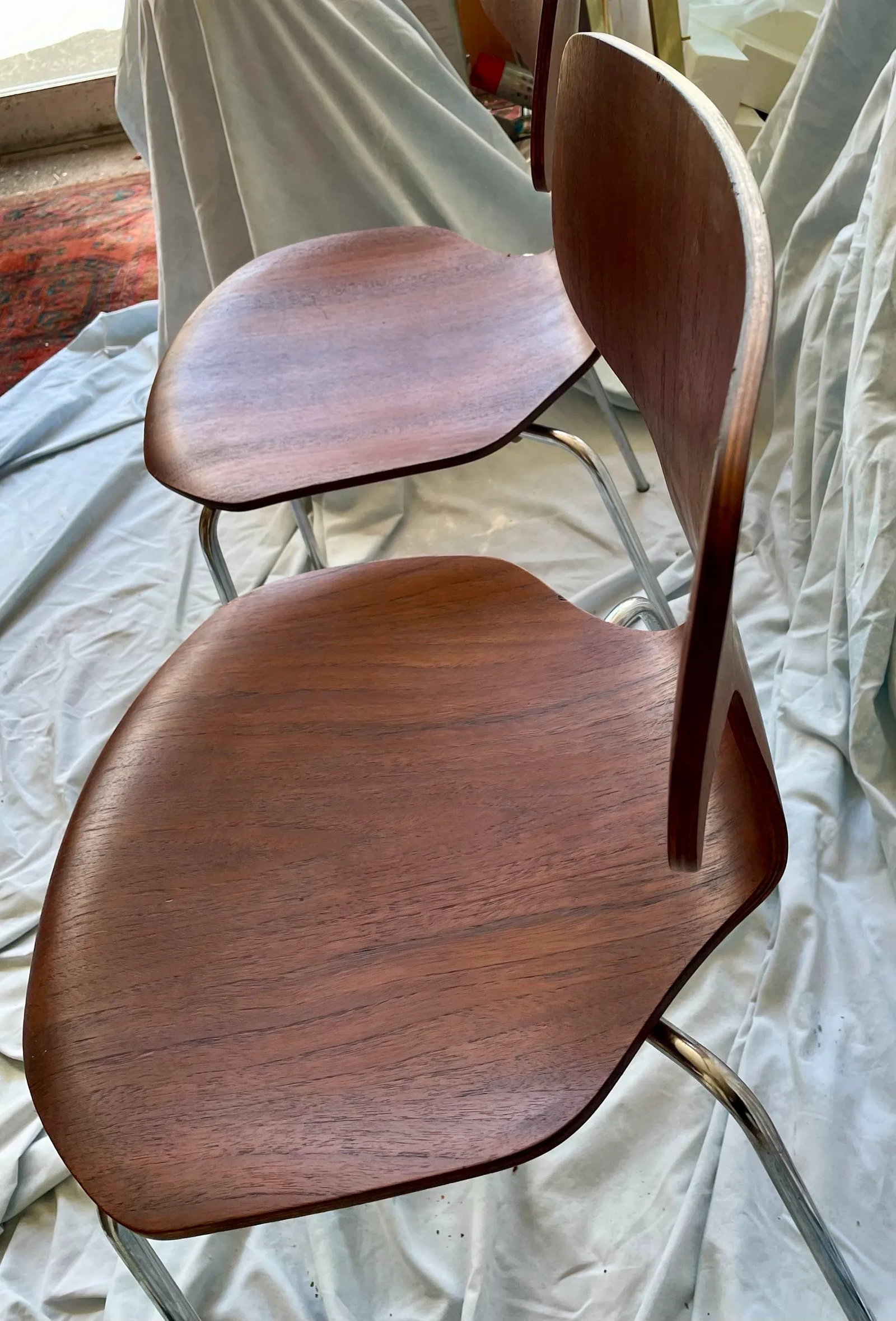 Fritz Hansen Denmark 1974 Plywood Hammer Stackable Chairs Set of 2 Refinished - 9