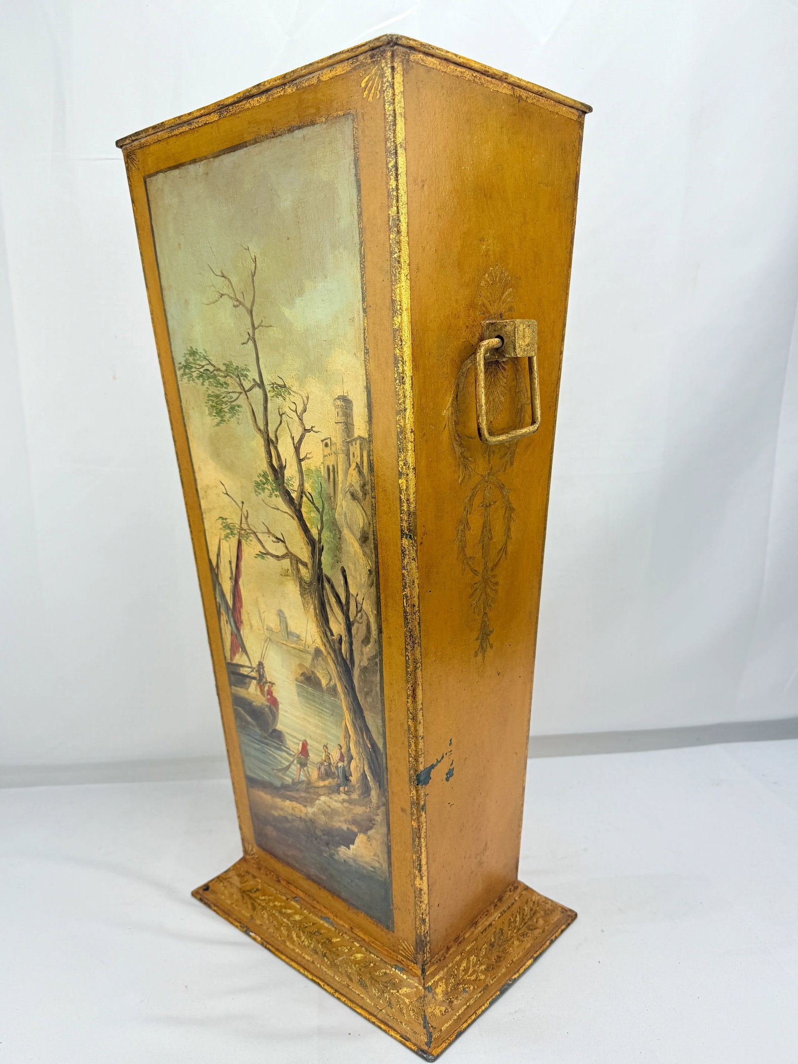 Italian Painted & Gilt TÃ´le Peinte Umbrella Stand or Waste Bin With Harbor Scene - 13