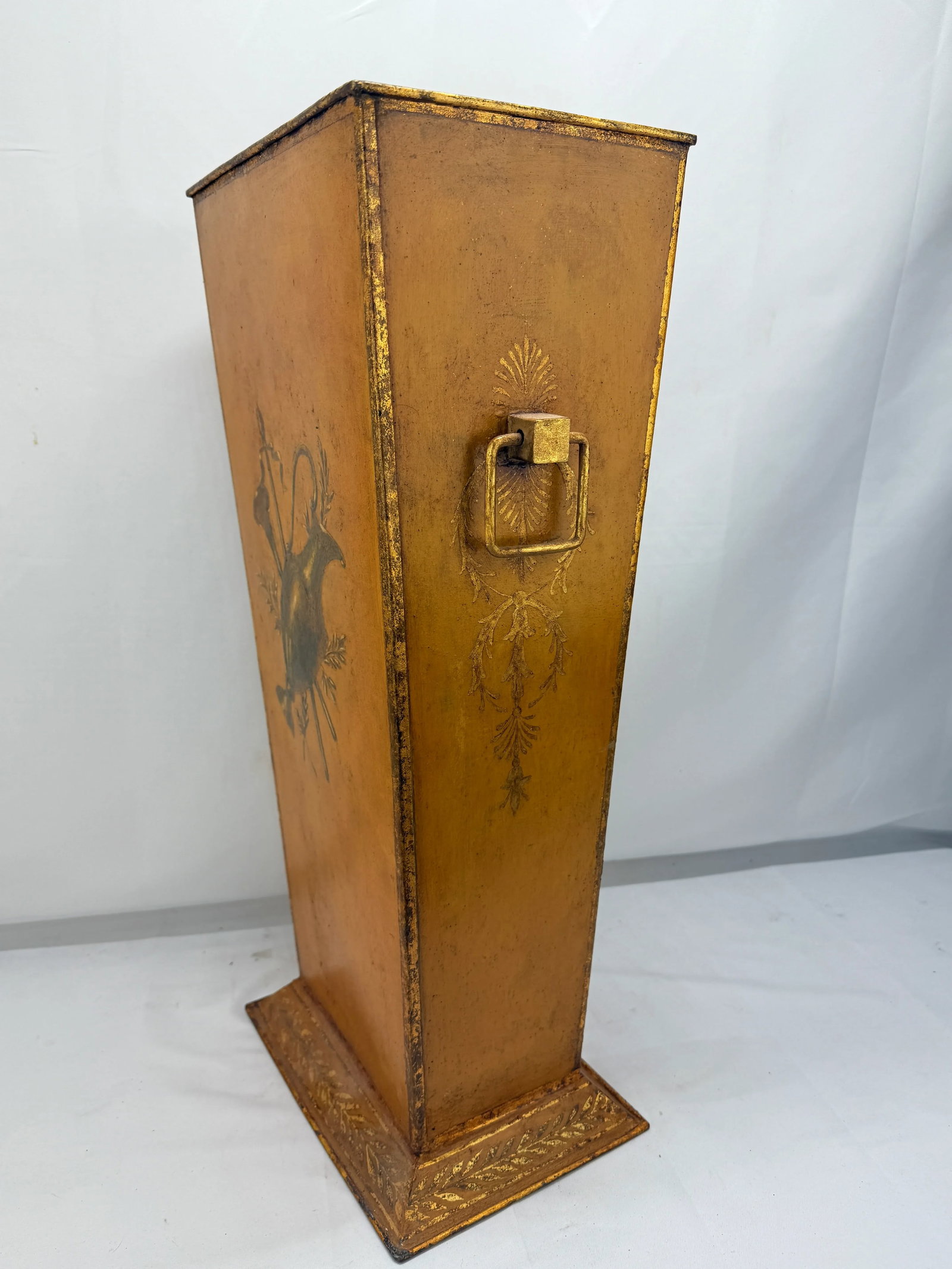 Italian Painted & Gilt TÃ´le Peinte Umbrella Stand or Waste Bin With Harbor Scene - 3