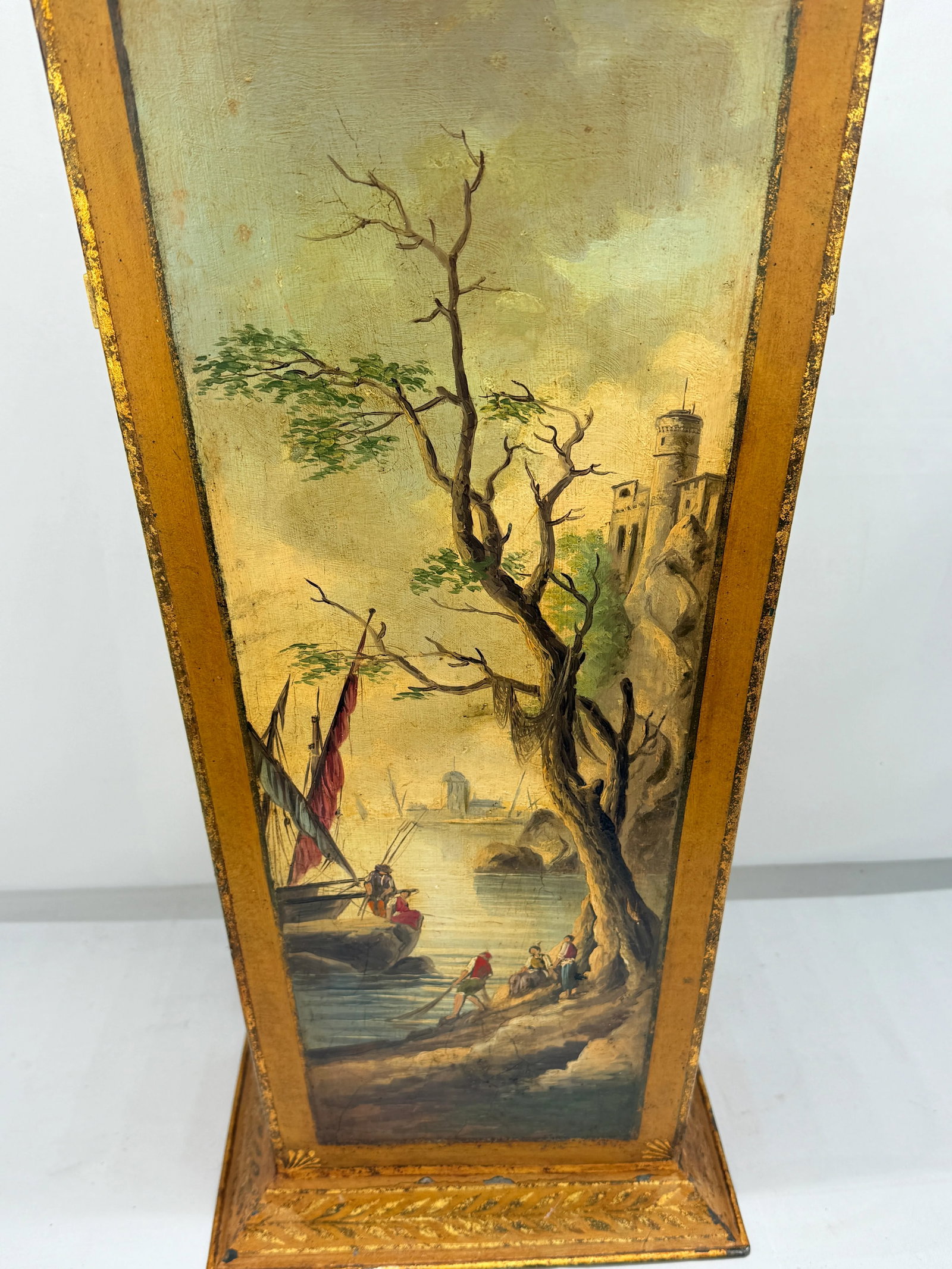 Italian Painted & Gilt TÃ´le Peinte Umbrella Stand or Waste Bin With Harbor Scene - 5