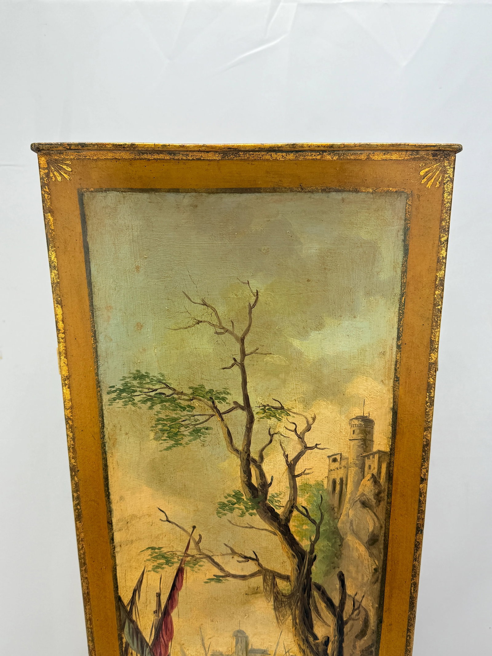 Italian Painted & Gilt TÃ´le Peinte Umbrella Stand or Waste Bin With Harbor Scene - 6
