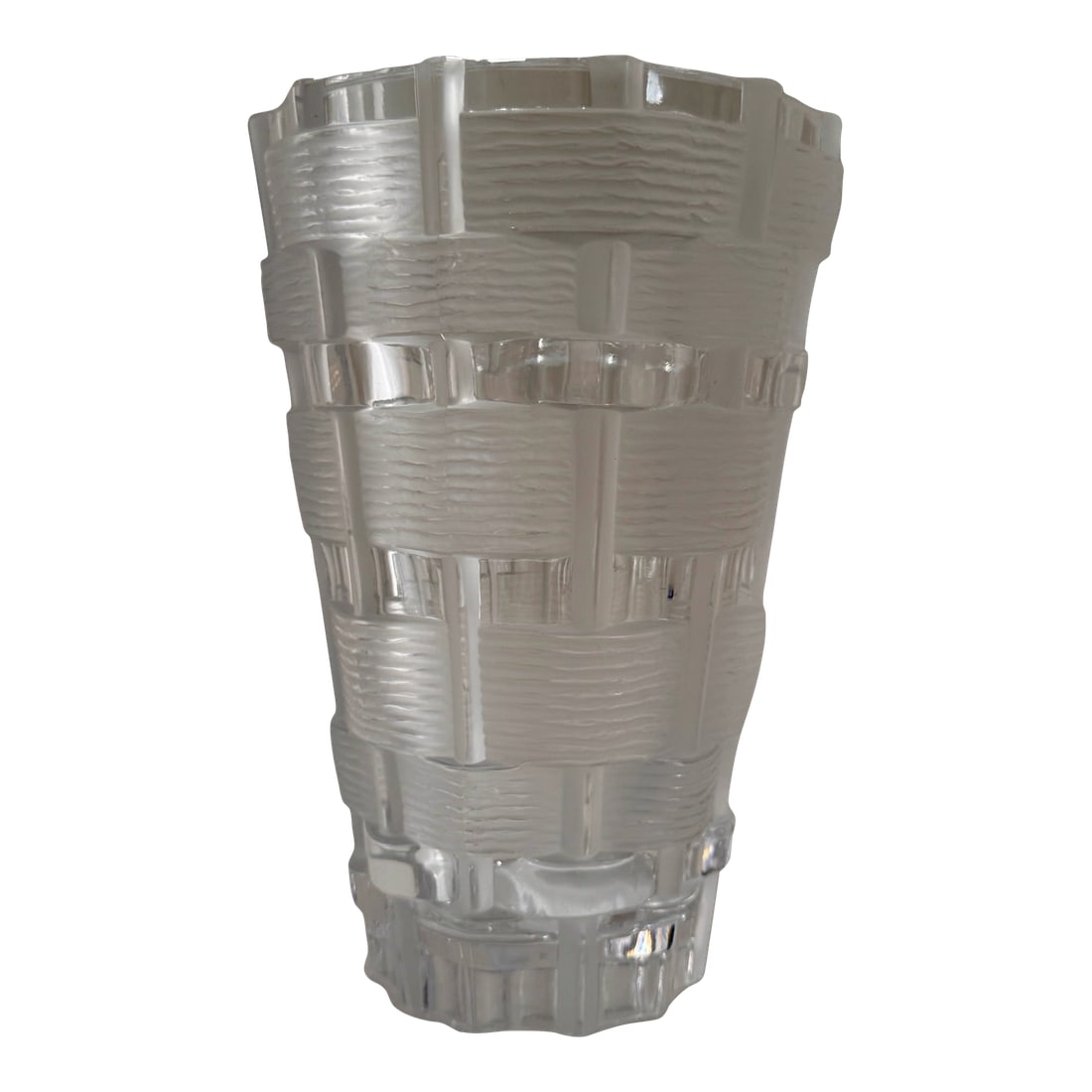 Lalique Osier Basket Weave Crystal Vase – 9.5": Elegant Lalique crystal vase in the discontinued Osier pattern, also known as the Basket Weave design. Featuring alternating frosted and clear crystal panels that mimic woven texture, this vase