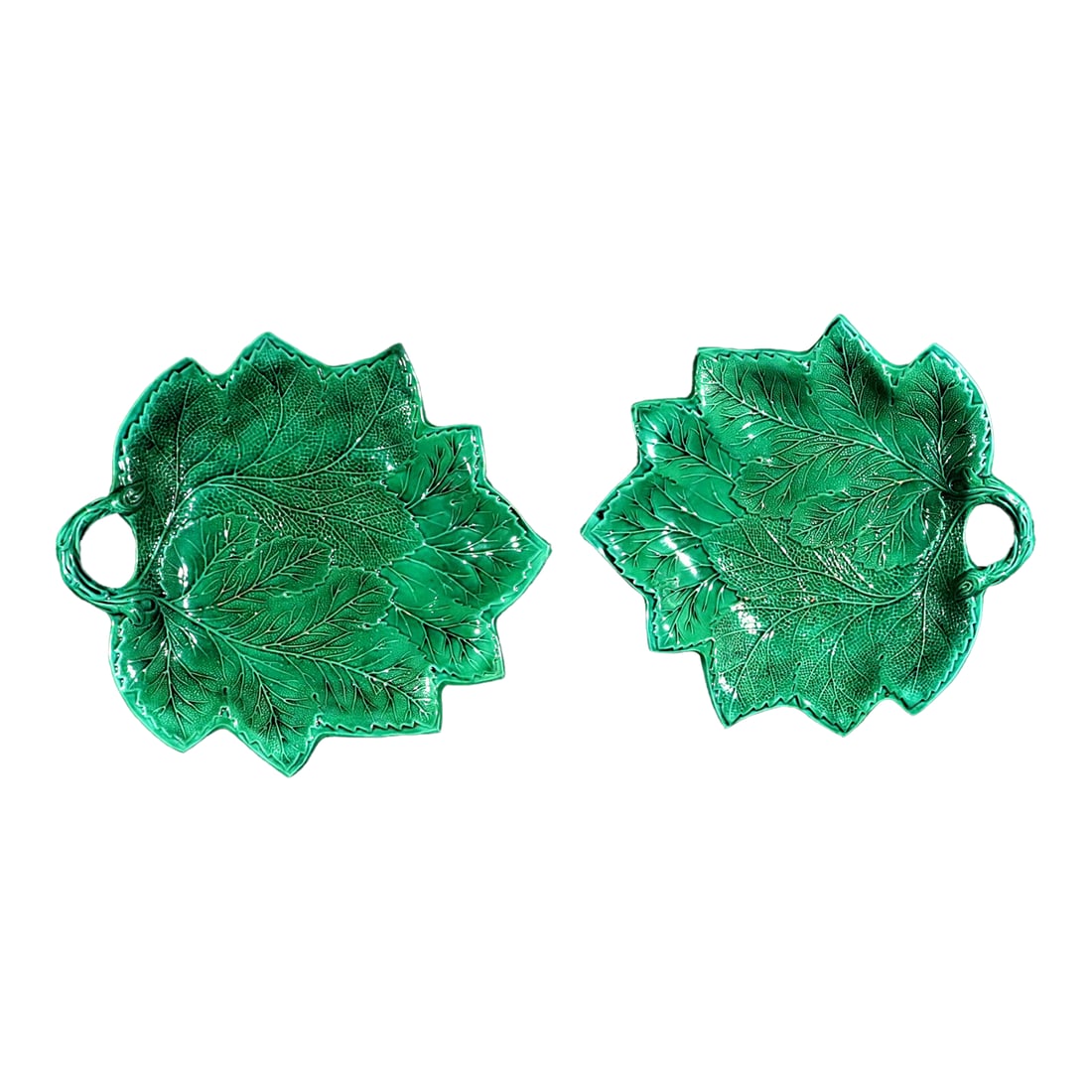 English Pottery Greenware Leaf Dishes, Brameld- A Pair: British Pottery Brameld Green-glazed Leaf Dishes, Brameld, Circa 1815-42 A pair of large leaf shaped molded dishes with a green glaze, details all naturalistically presented. Dimensions: 9 1/2 inches
