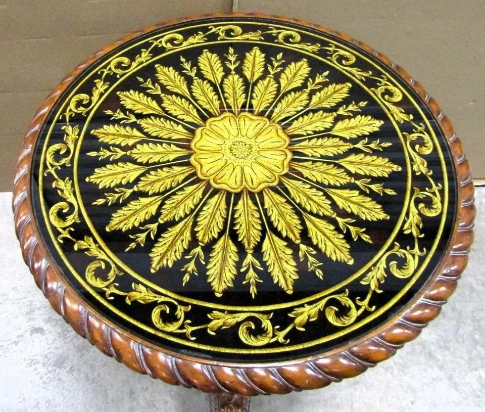 Maitland-Smith Verre Eglomise Reverse Painted Glass Table With Lotus Blossom Brass Feet 1980s - 4