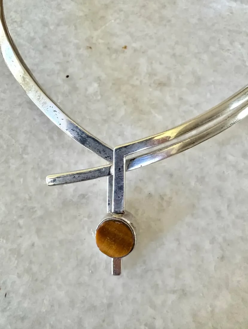 Vintage Mid-Century Antonio Pineda Sigi Taxco Sterling Silver, Tiger's Eye, and Onyx Sculputural Nec - 3