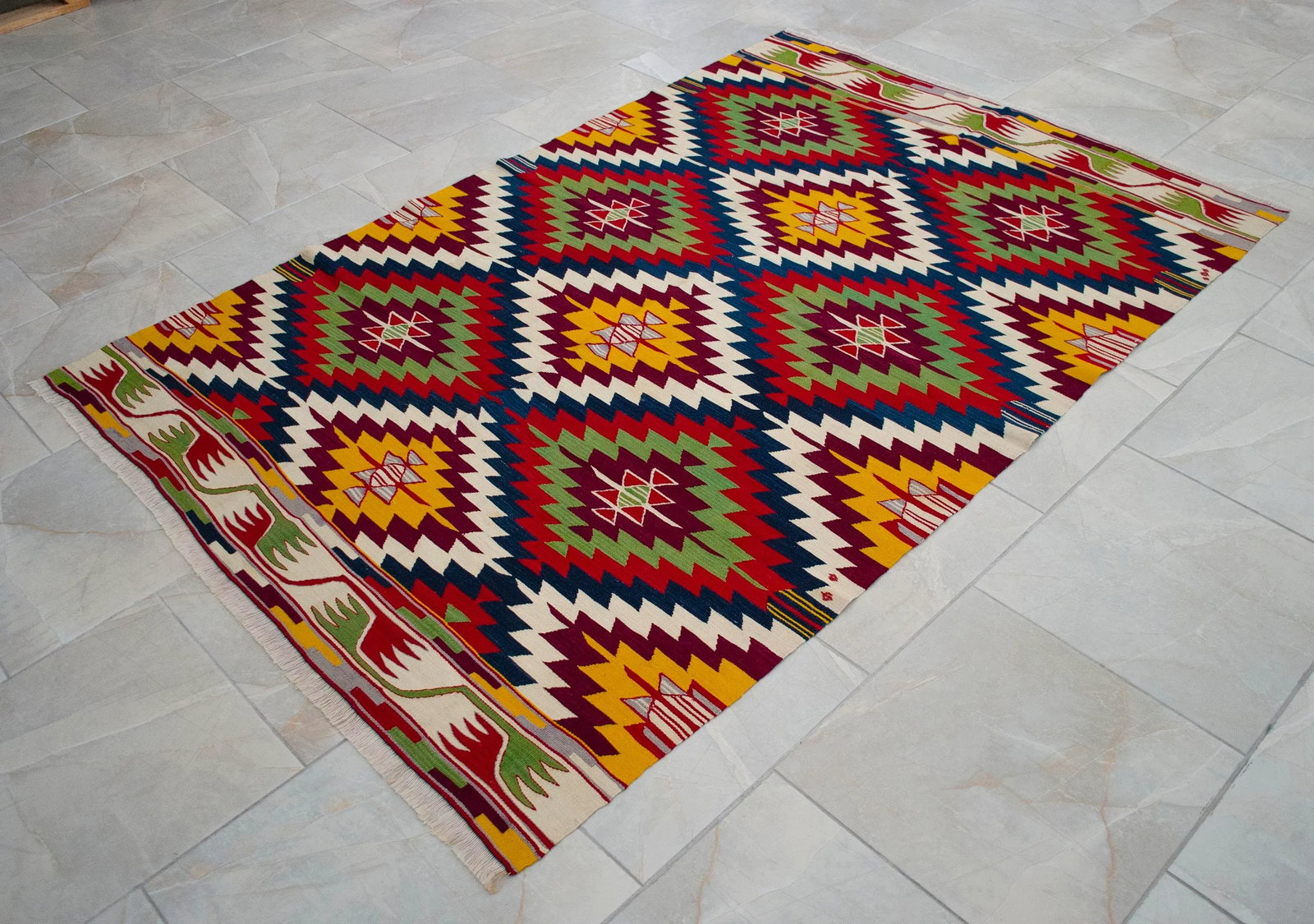Vintage Turkish Kilim Rug Barak Tribe Wool Flatweave Geometric Mid-Century - 12