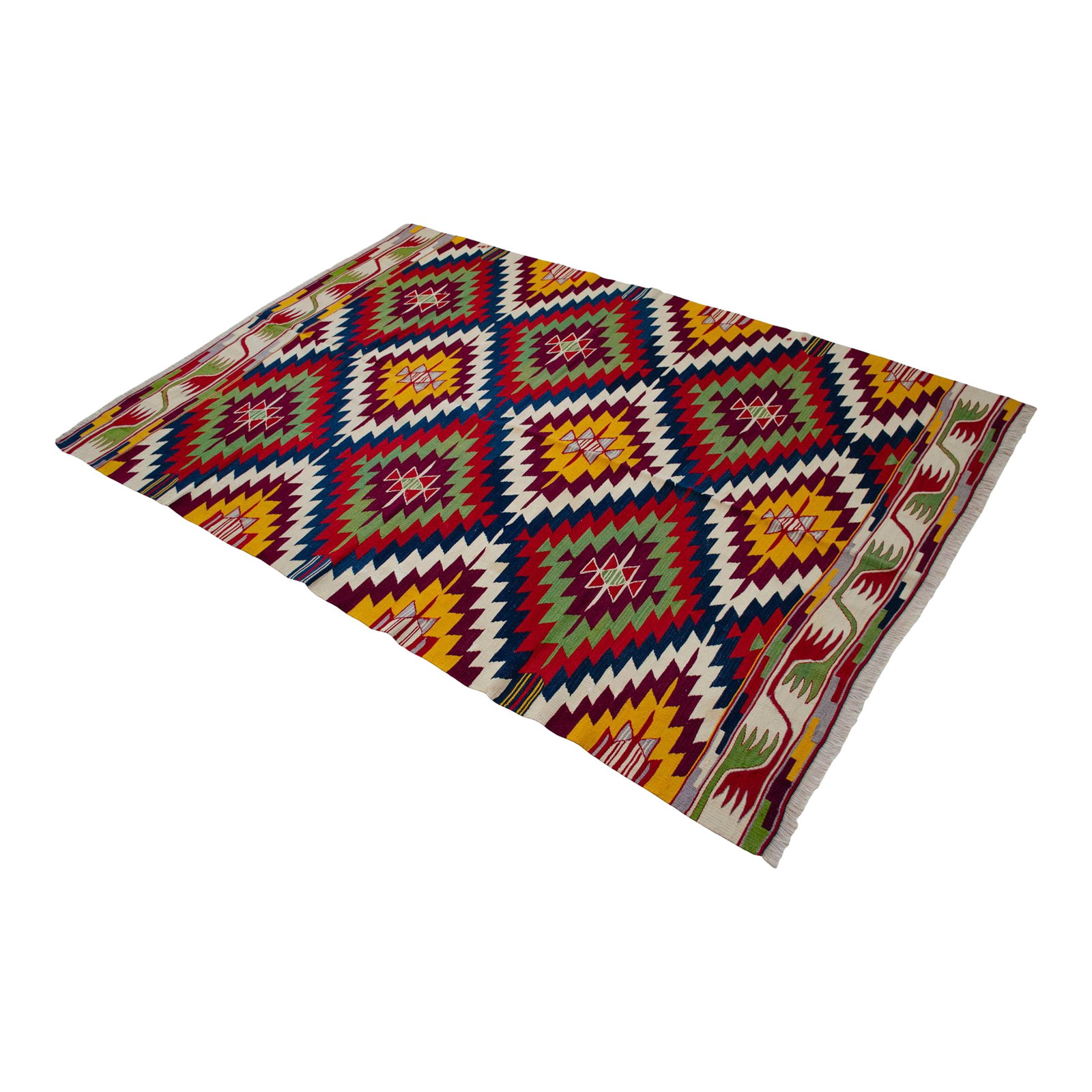 Vintage Turkish Kilim Rug Barak Tribe Wool Flatweave Geometric Mid-Century: Vintage Turkish Kilim Rug from the Mediterranean Region Discover a piece of textile history with this Vintage Flat Weave Kilim Rug from the Mediterranean region, handwoven by the Barak Tribe in the 19