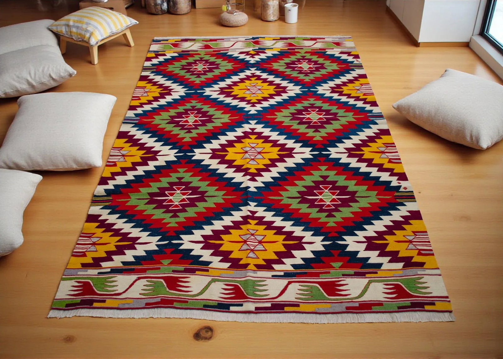 Vintage Turkish Kilim Rug Barak Tribe Wool Flatweave Geometric Mid-Century - 2