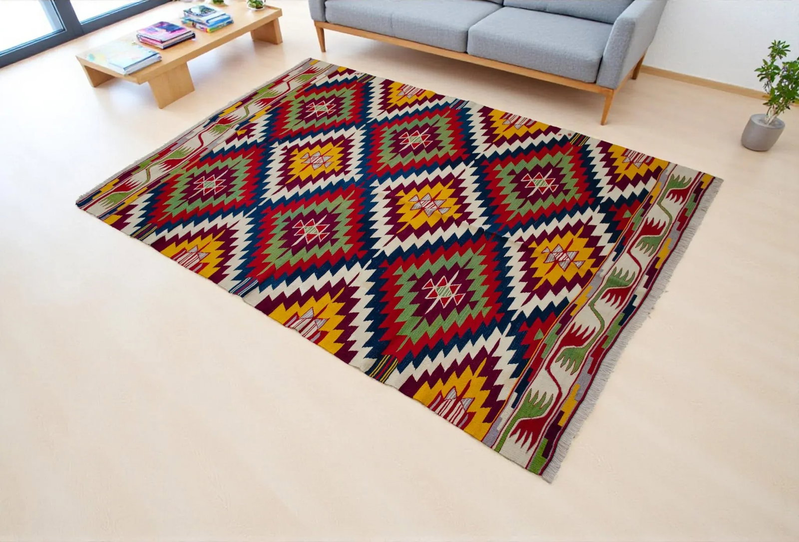Vintage Turkish Kilim Rug Barak Tribe Wool Flatweave Geometric Mid-Century - 3