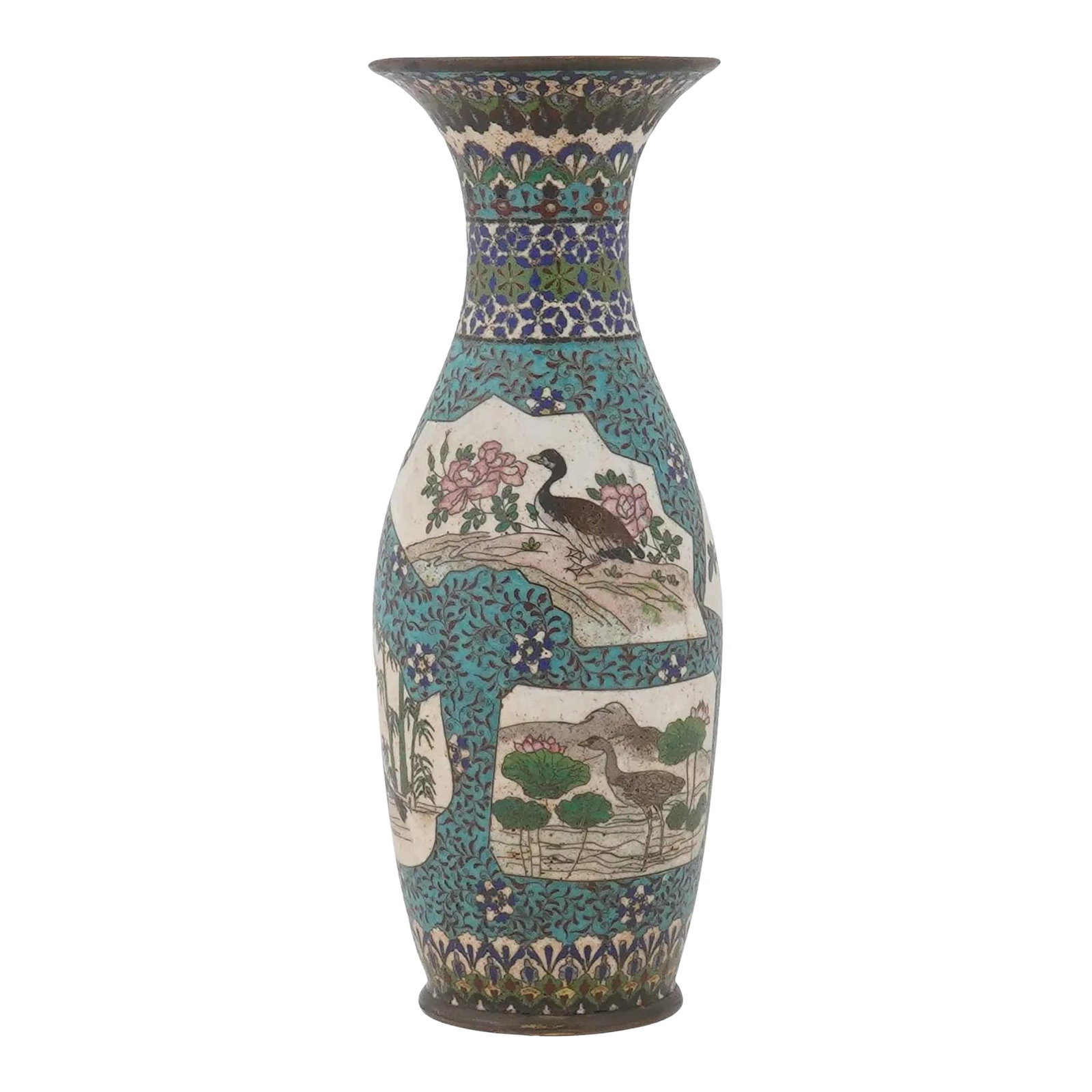 Late 19th Century Japanese Cloisonne Vase With Cranes, Ducks and Blossoms, Meiji Era: An antique Japanese cloisonne enameled vase with a slender, curved body and a flared neck. The vase is decorated with medallions depicting nature scenes, including birds perched among flowers and lotu