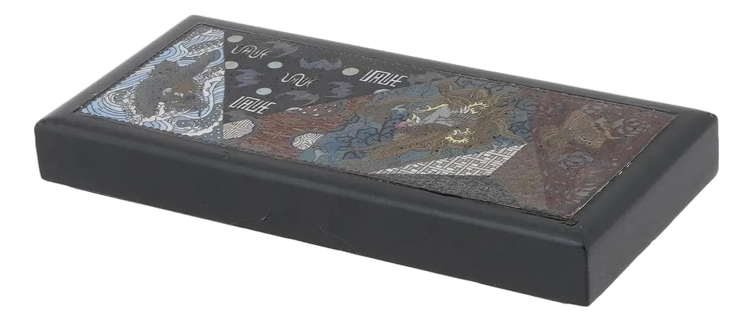Antique Meiji Japanese Cloisonne Enamel Dragon Unusual Box: An antique Japanese enameled wooden box. Late Meiji period, before 1912. The box has a rectangular shape with a black border. The lid features a cloisonne enamel design with traditional Japanese