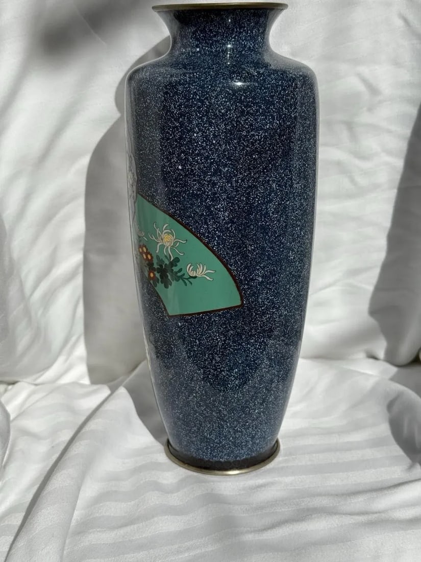 20th Century Japanese Cloisonne Enamel Vase Speckled Blue Ground Butterflies Floral Motifs - 11