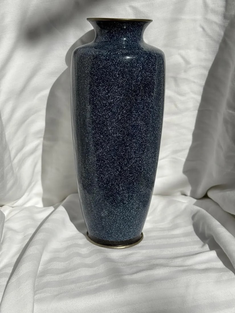 20th Century Japanese Cloisonne Enamel Vase Speckled Blue Ground Butterflies Floral Motifs - 12