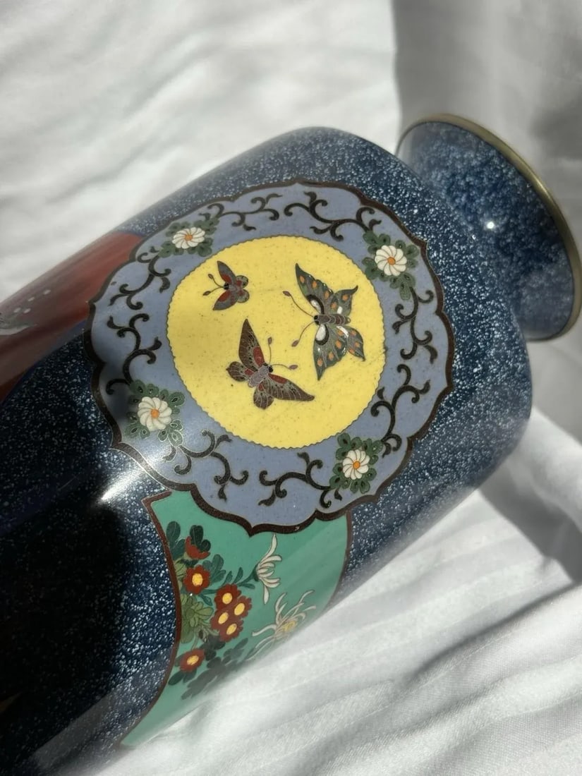 20th Century Japanese Cloisonne Enamel Vase Speckled Blue Ground Butterflies Floral Motifs - 14
