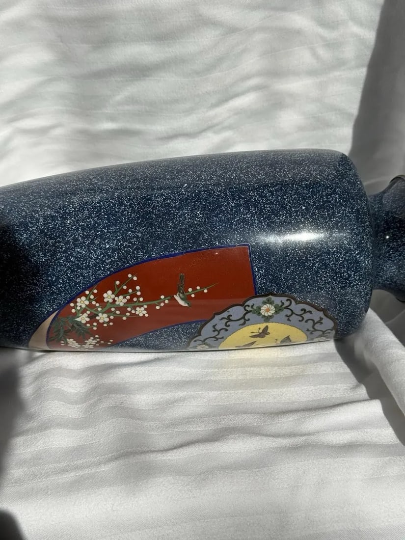 20th Century Japanese Cloisonne Enamel Vase Speckled Blue Ground Butterflies Floral Motifs - 15