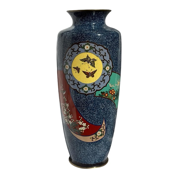 20th Century Japanese Cloisonne Enamel Vase Speckled Blue Ground Butterflies Floral Motifs (1 of 15)