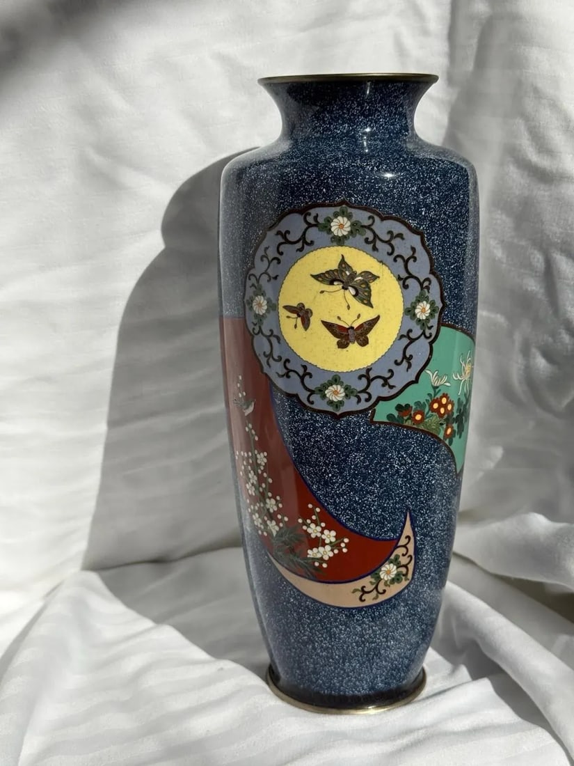 20th Century Japanese Cloisonne Enamel Vase Speckled Blue Ground Butterflies Floral Motifs - 2