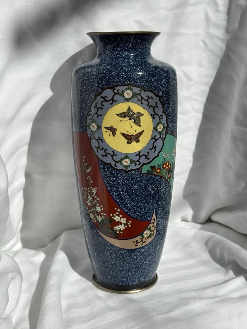 20th Century Japanese Cloisonne Enamel Vase Speckled Blue Ground Butterflies Floral Motifs - 3