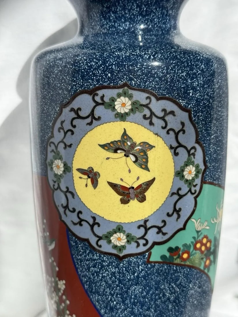 20th Century Japanese Cloisonne Enamel Vase Speckled Blue Ground Butterflies Floral Motifs - 4