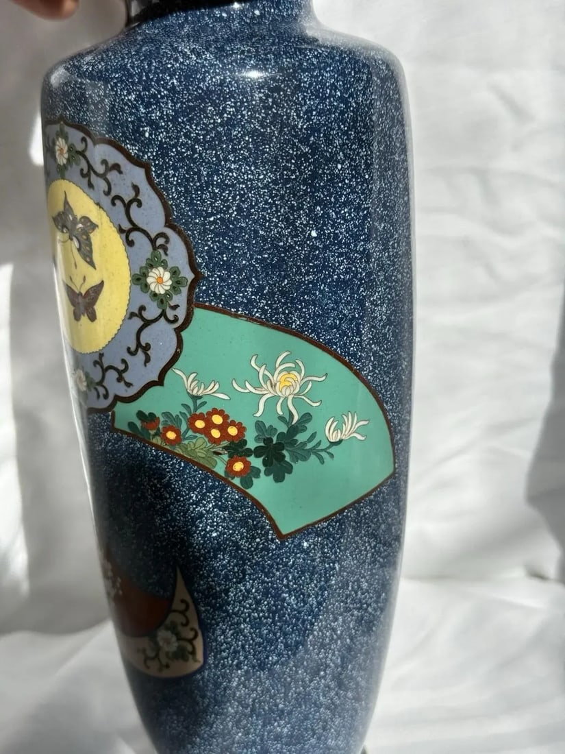 20th Century Japanese Cloisonne Enamel Vase Speckled Blue Ground Butterflies Floral Motifs - 5