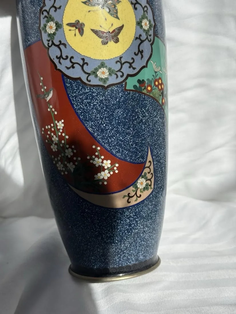 20th Century Japanese Cloisonne Enamel Vase Speckled Blue Ground Butterflies Floral Motifs - 6