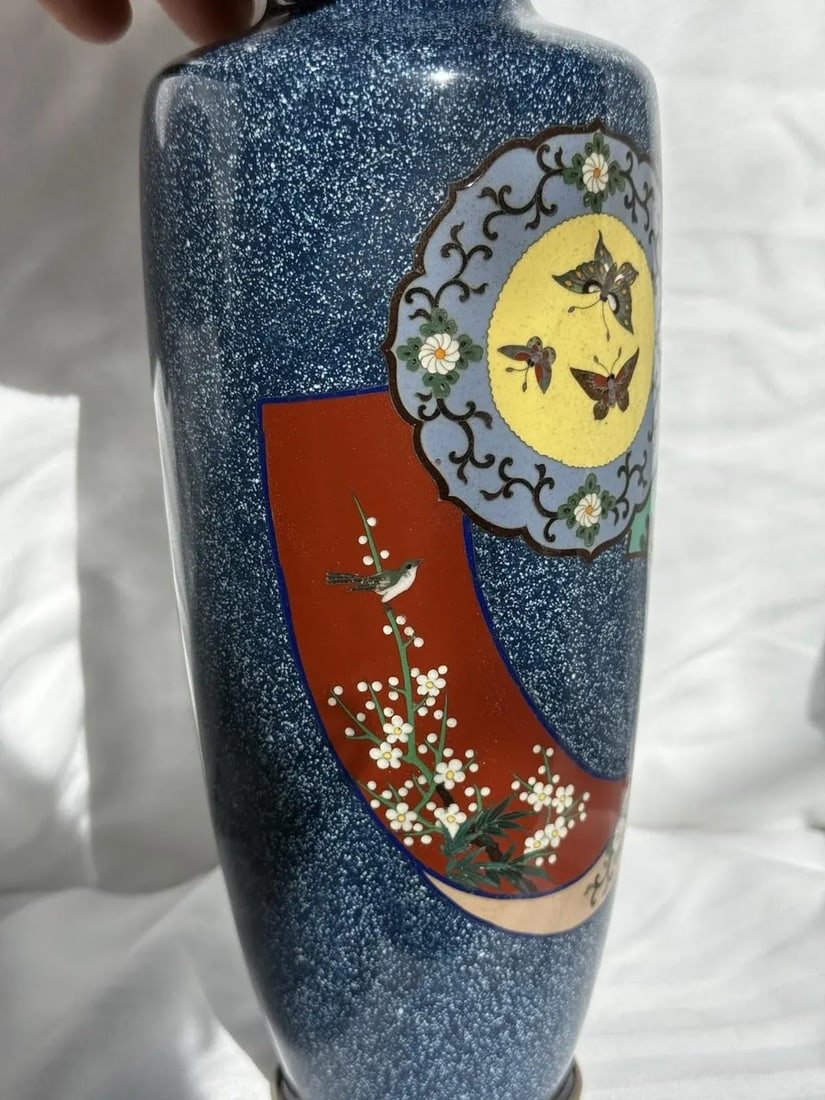 20th Century Japanese Cloisonne Enamel Vase Speckled Blue Ground Butterflies Floral Motifs - 7