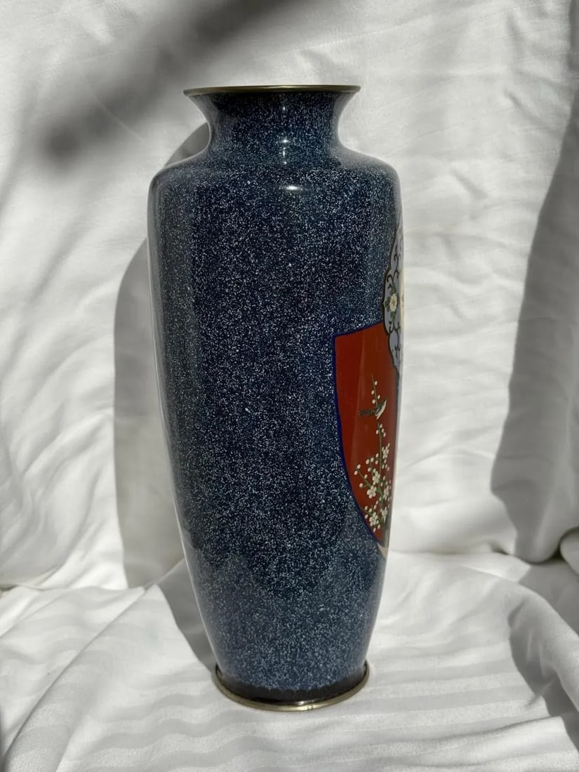 20th Century Japanese Cloisonne Enamel Vase Speckled Blue Ground Butterflies Floral Motifs - 8