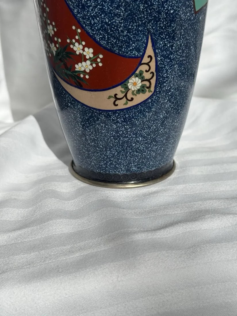 20th Century Japanese Cloisonne Enamel Vase Speckled Blue Ground Butterflies Floral Motifs - 9