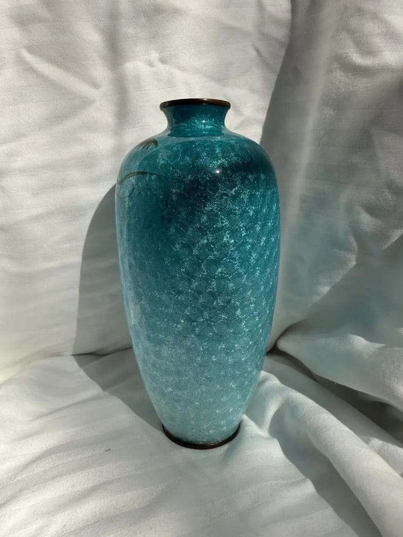 Japanese Cloisonne Enamel Vase Wisteria Ice Blue Ground 7 in Antique Meiji Era - 11