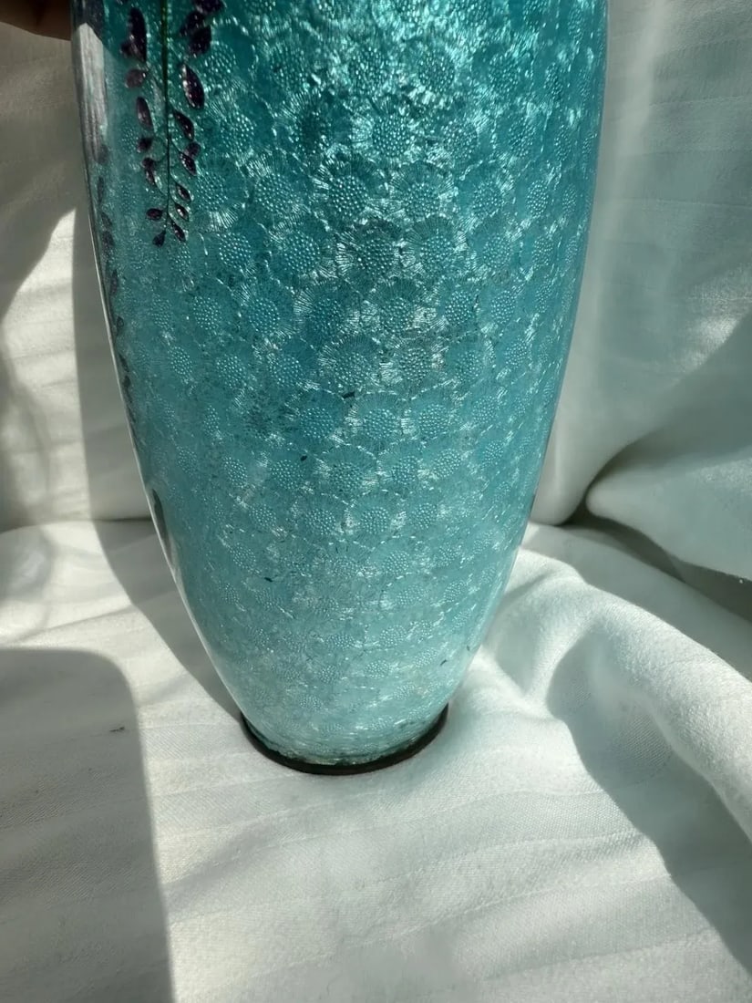 Japanese Cloisonne Enamel Vase Wisteria Ice Blue Ground 7 in Antique Meiji Era - 12