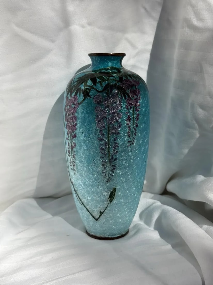 Japanese Cloisonne Enamel Vase Wisteria Ice Blue Ground 7 in Antique Meiji Era - 6