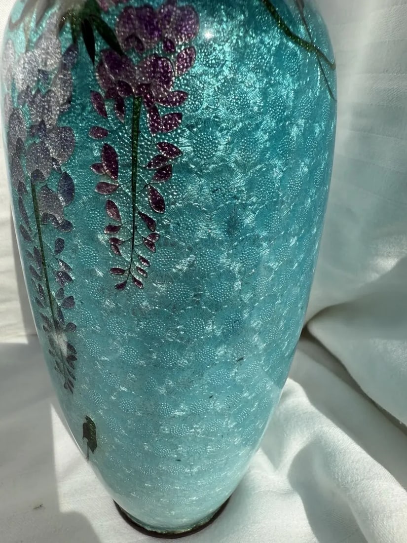 Japanese Cloisonne Enamel Vase Wisteria Ice Blue Ground 7 in Antique Meiji Era - 7