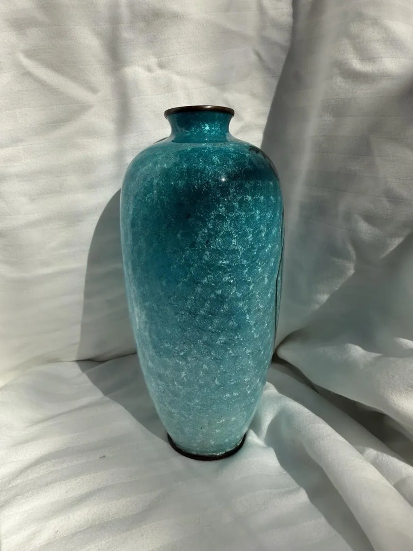 Japanese Cloisonne Enamel Vase Wisteria Ice Blue Ground 7 in Antique Meiji Era - 9