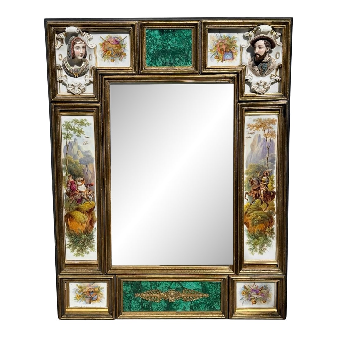 Antique Porcelain Portrait Mirror With Painted Panels & Malachite Inset: A striking antique mirror richly adorned with hand-painted porcelain plaques, three-dimensional portrait busts, and malachite panels set within a giltwood frame. This impressive piece epitomizes the o