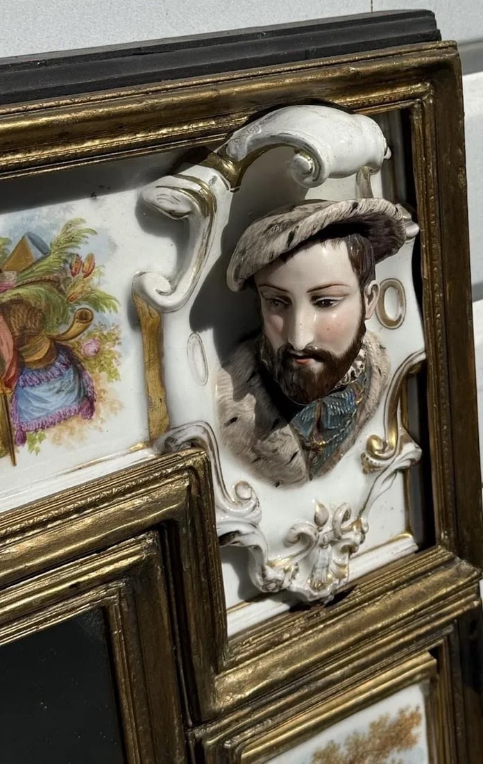 Antique Porcelain Portrait Mirror With Painted Panels & Malachite Inset - 2