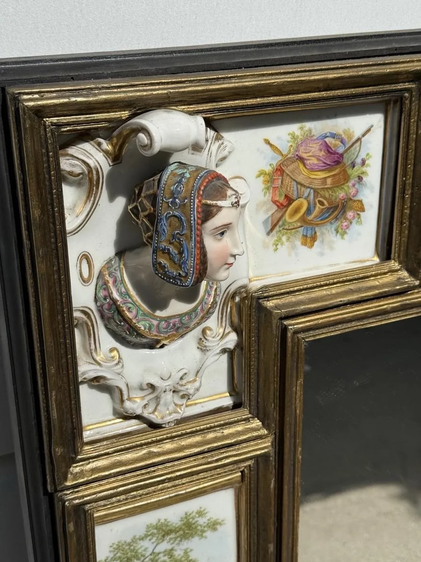 Antique Porcelain Portrait Mirror With Painted Panels & Malachite Inset - 3