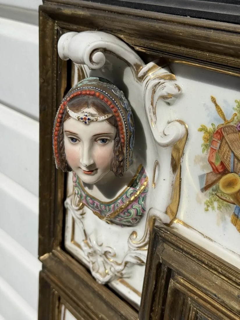Antique Porcelain Portrait Mirror With Painted Panels & Malachite Inset - 8
